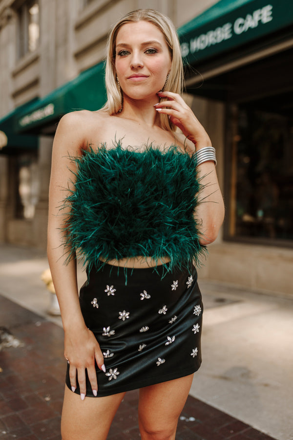 fancy-strapless-feather-crop-top-emerald Buddy Love - Sophia's Style-Fancy Strapless Feather Crop Top - Emerald-Green-XS-1